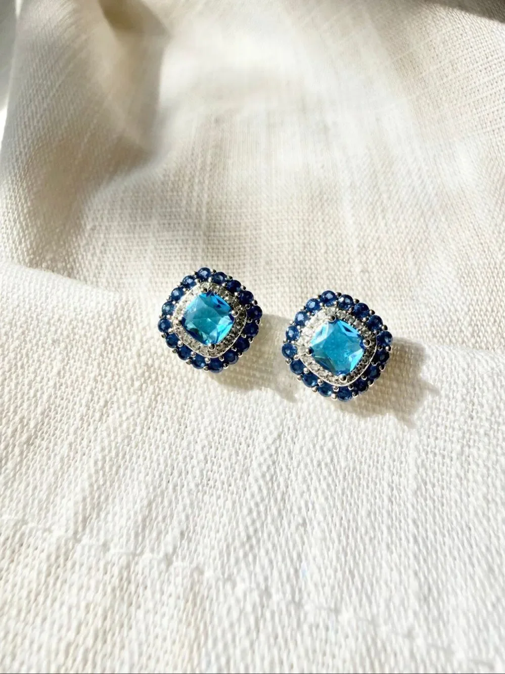 Sapphire Blue Cubic Zirconia Cushion Halo Stud Earrings Silver Tone